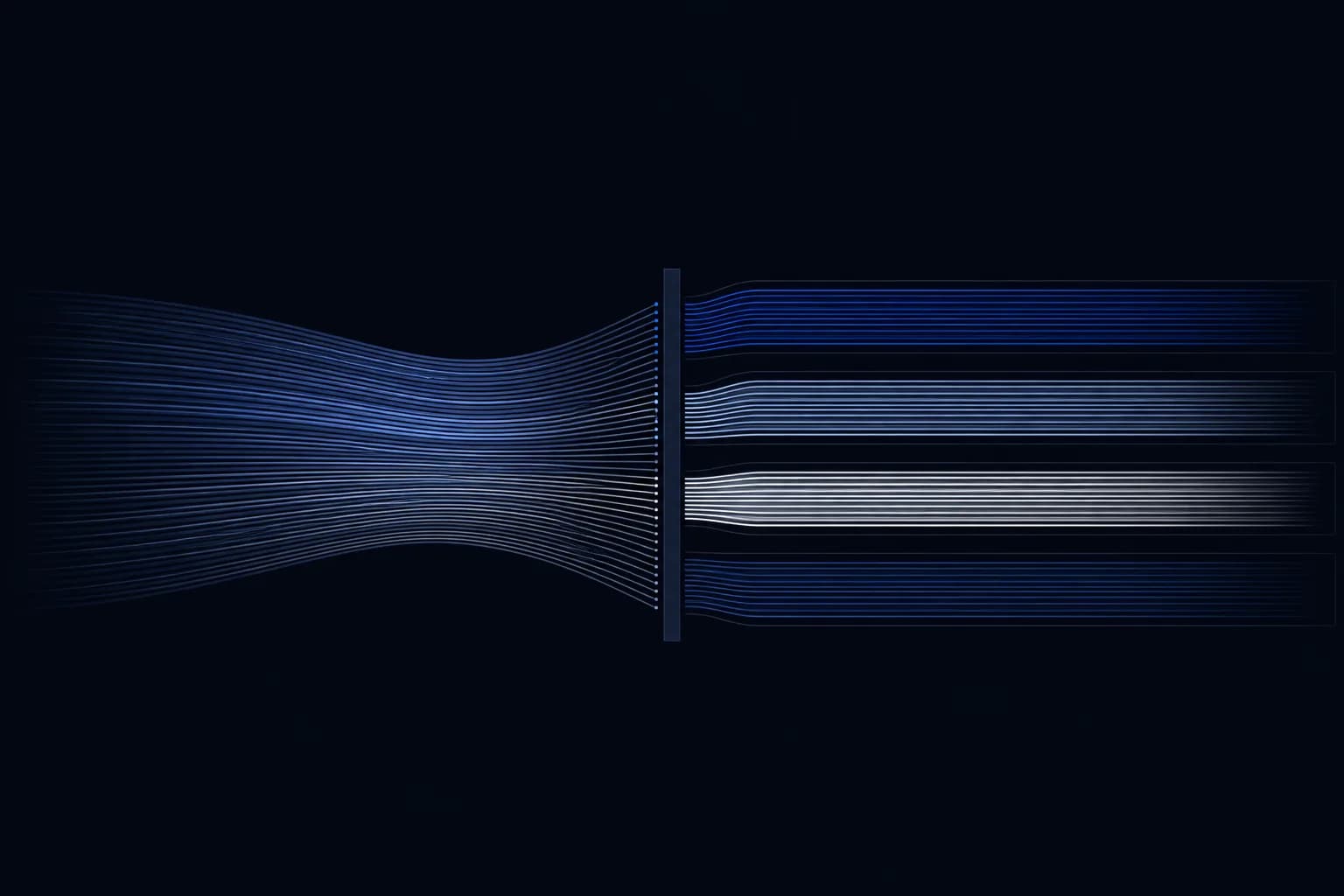 A wide fan of fine lines entering from the left and sorting into four separate bounded horizontal channels on the right.