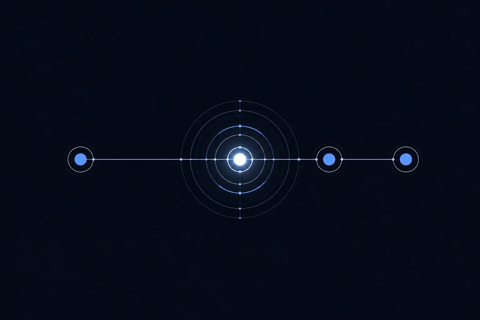 A bright node at the centre of concentric hairline rings, with a horizontal line of evenly spaced waypoints passing through it.