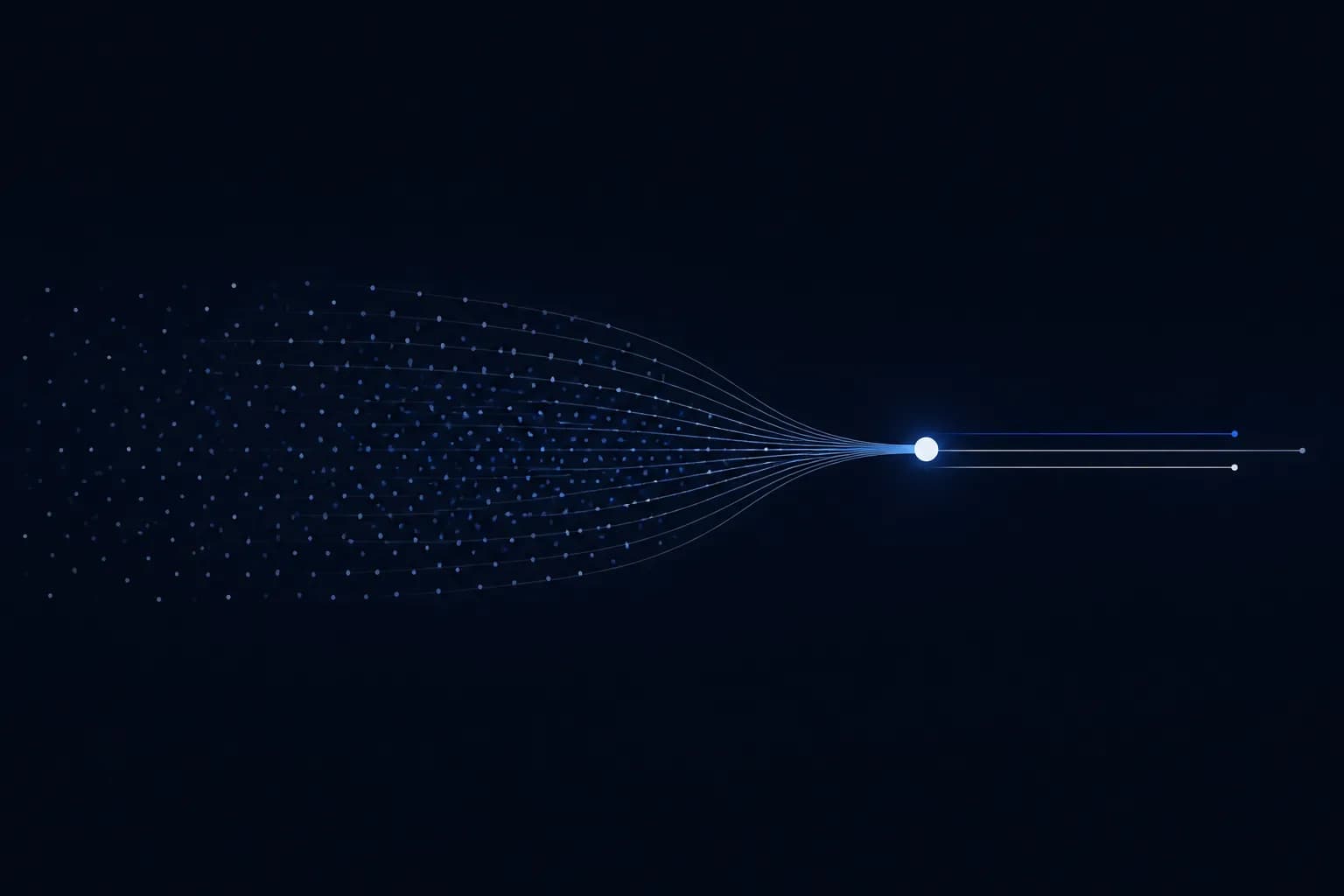 A scatter of many small dim points on the left converging through a narrow waist into one bright node at the centre right.